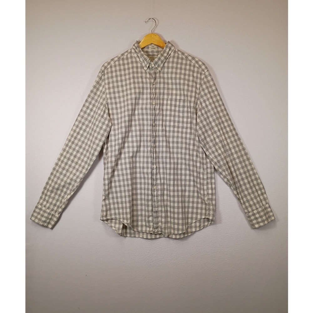 Preppy J.Crew Mens Large Grey Gingham Secret Wash Organic Cotton Stretch Shirt